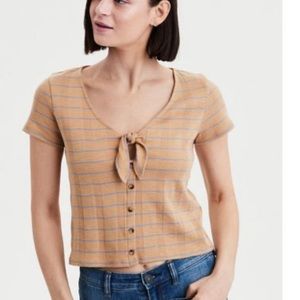 AEO Gold and blue tye front tee